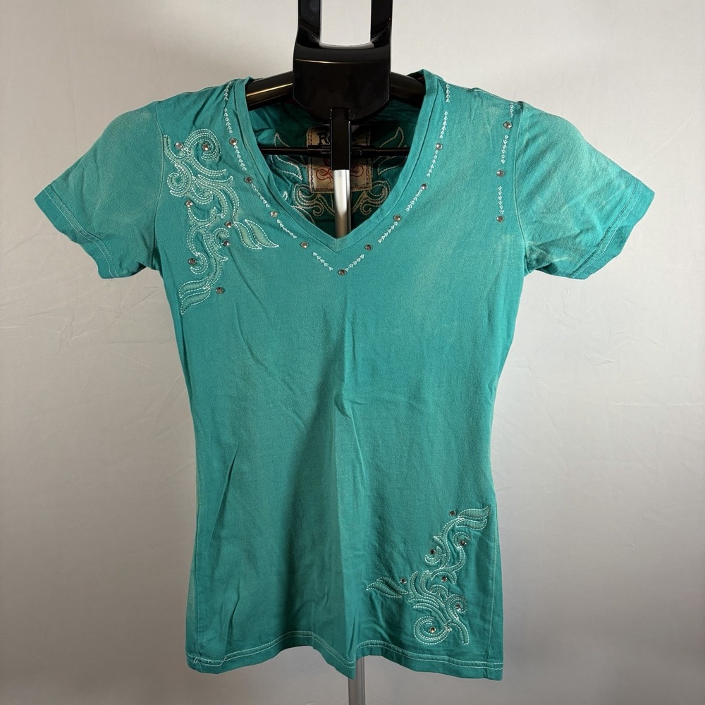 Y2K Roar Small Gems Embroidered Biker VNeck Grunge Punk Blue Short Sleeve Shirt